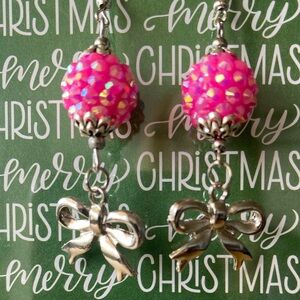 Pink Beaded Earrings with Silver Bows